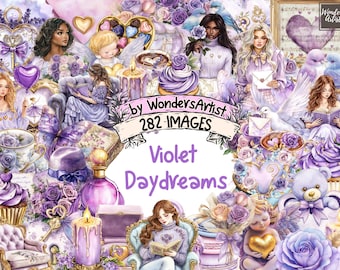Violet Daydreams Watercolor Clipart: 282 Floral PNG Graphics (Digital Download)
