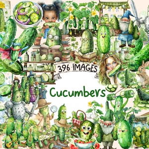 Cucumbers Watercolor Clipart Bundle -  396 PNG Fresh Cucumber Images, Vegetable for Salad Graphics, Instant Digital Download, Commercial Use