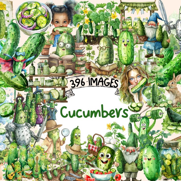 Cucumbers Watercolor Clipart Bundle -  396 PNG Fresh Cucumber Images, Vegetable for Salad Graphics, Instant Digital Download, Commercial Use