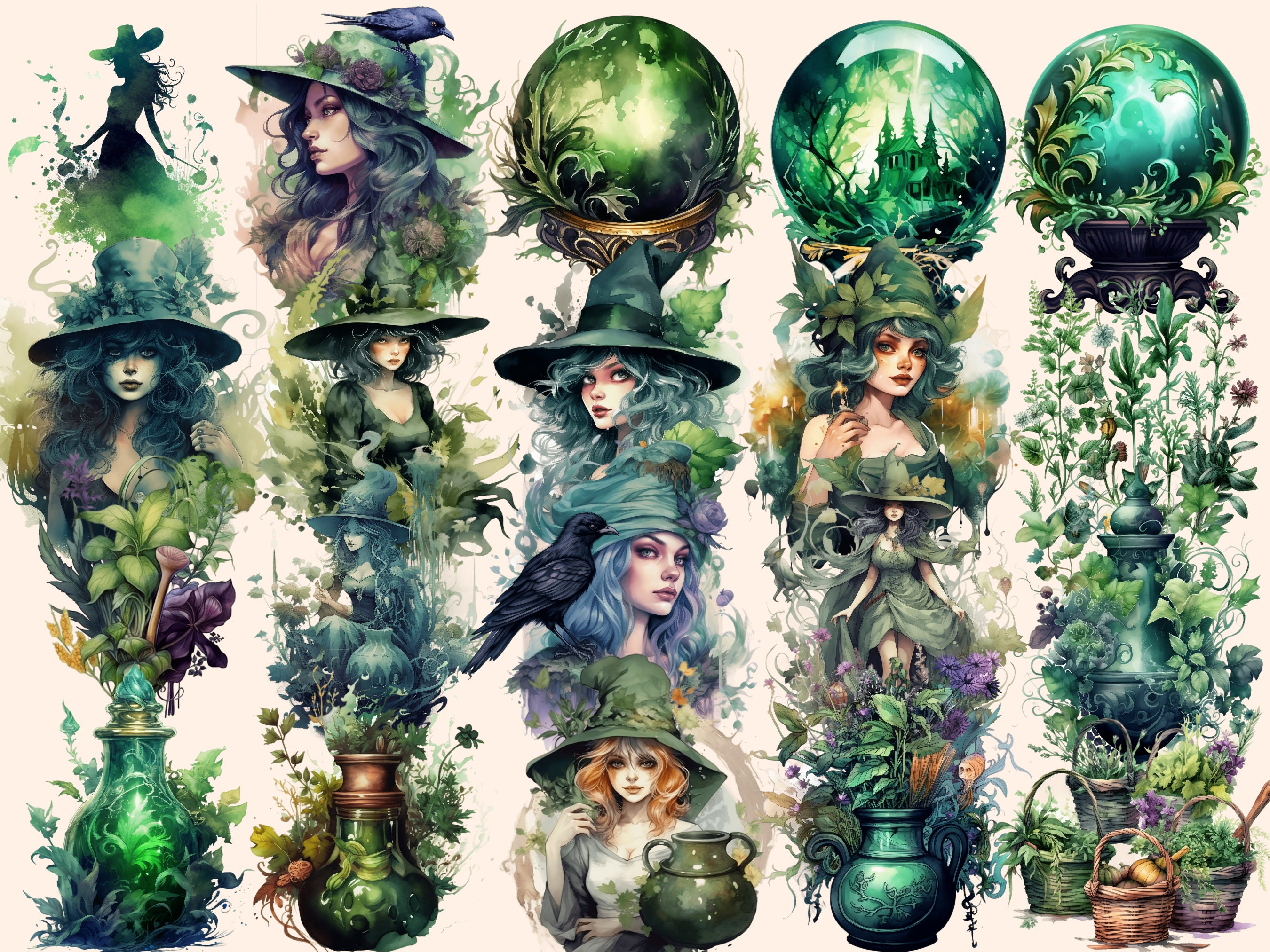 Watercolor Herbal Witches Clipart Bundle: 129 Fantasy PNG Images ...