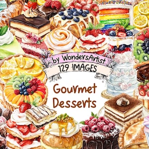 Gourmet Desserts Watercolor Clipart Bundle - 129 PNG Dessert Images, Sweet Illustrations, Luxurious Decor, Instant Download, Commercial Use