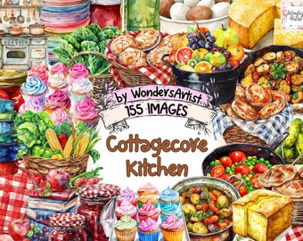 Cottagecore Kitchen Clipart Bundle: 155 Rustic Watercolor PNG Images (Digital Download)