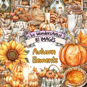 Autumn Elements Watercolor Clipart Bundle - 81 PNG Seasonal Fall Images, Harvest-Themed Graphics, Instant Digital Download, Commercial Use
