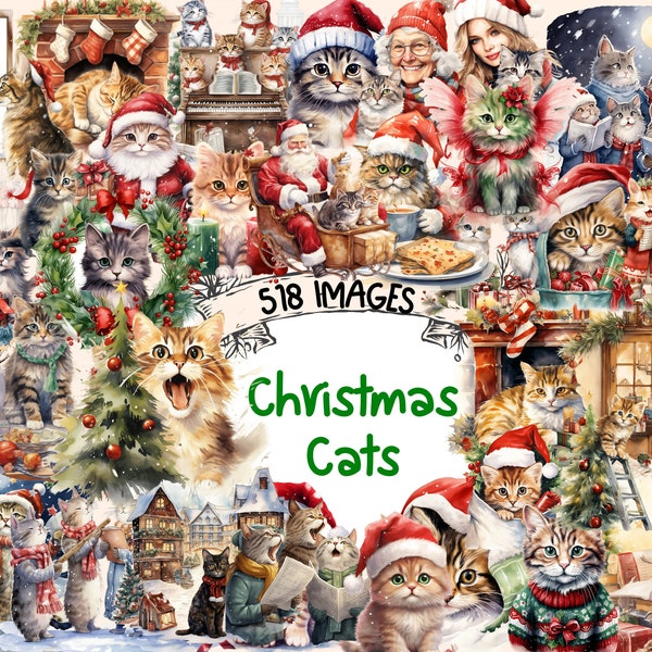 Christmas Cats Watercolor Clipart Bundle - 518 PNG Festive Cozy Cat Images, Holiday Kitty Graphics, Instant Digital Download, Commercial Use