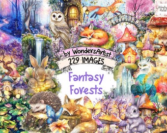 Puede incluir: Un collage digital de 229 imágenes de bosques de fantasía. El collage presenta una variedad de elementos caprichosos, incluyendo búhos, zorros, hongos, conejos y hadas. El texto "Fantasy Forests" se muestra de forma prominente en el centro de la imagen.
