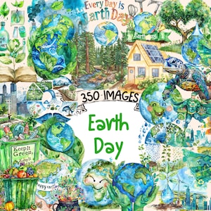 Pacchetto di clipart ad acquerello per la Giornata della Terra - 350 immagini PNG di sensibilizzazione ambientale, grafica "Planet Love", download digitale istantaneo, uso commerciale