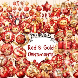 Red & Gold Christmas Ornaments Watercolor Clipart: 220 PNG Images (Digital Download)