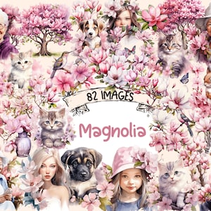 Magnolia Watercolor Clipart Bundle: 82 PNG Flower Graphics (Digital Download)