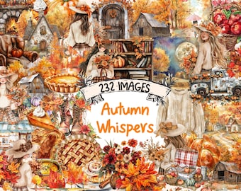 Autumn Watercolor Clipart Bundle: 232 Fall PNG Images (Commercial Use) (Digital Download)