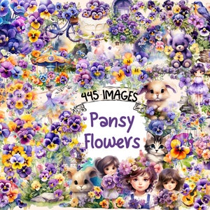 Pansy Flowers Watercolor Clipart Bundle - 445 PNG Pansies Images, Viola Floral Blossom Graphics, Instant Digital Download, Commercial Use
