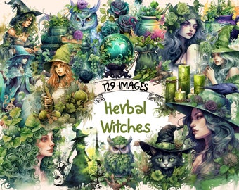 Watercolor Herbal Witches Clipart Bundle: 129 Fantasy PNG Images (Digital Download)