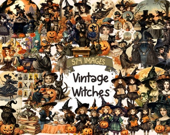 Vintage Witches Watercolor Clipart Bundle - 574 PNG Retro Witch Images, Old Style Halloween Graphics,Instant Digital Download,Commercial Use