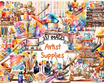 Artist Supplies Watercolor Clipart Bundle - 337 PNG Art Supplies Images, Creative Painter Graphics, Instant Digital Download, Commercial Use