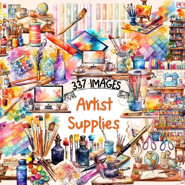 Artist Supplies Watercolor Clipart Bundle - 337 PNG Art Supplies Images, Creative Painter Graphics, Instant Digital Download, Commercial Use