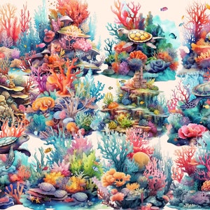 以下が含まれることがあります： カラフルなサンゴ、魚、ウミガメが描かれた、鮮やかな水彩画のサンゴ礁のイラスト。サンゴ礁は、青、緑、ピンク、オレンジなど、さまざまな色合いで描かれています。