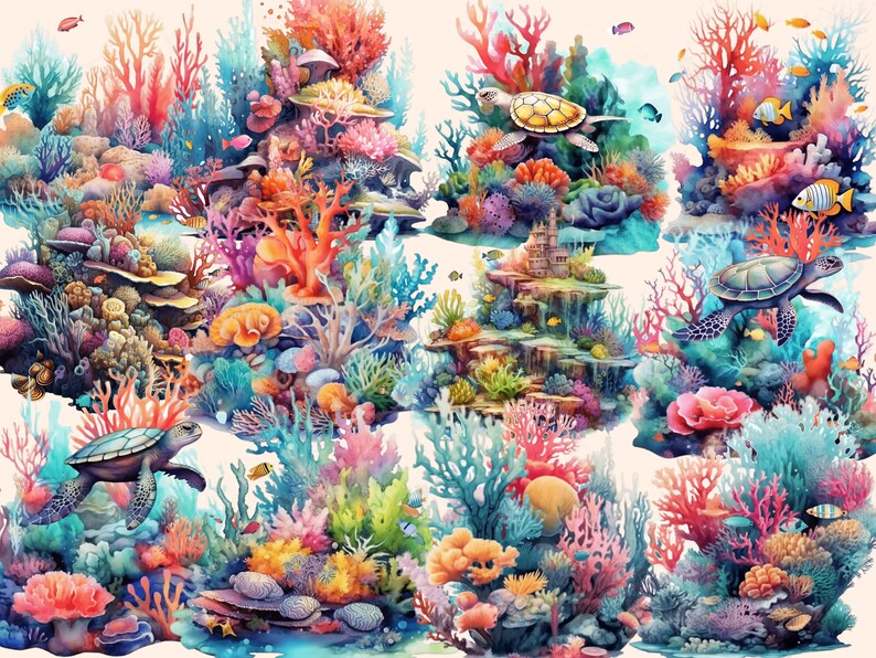 以下が含まれることがあります： カラフルなサンゴ、魚、ウミガメが描かれた、鮮やかな水彩画のサンゴ礁のイラスト。サンゴ礁は、青、緑、ピンク、オレンジなど、さまざまな色合いで描かれています。