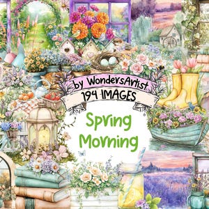 Spring Morning Watercolor Clipart Bundle - 194 PNG Scenic Images, Seasonal Illustrations,Tranquil Nature Art,Instant Download,Commercial Use