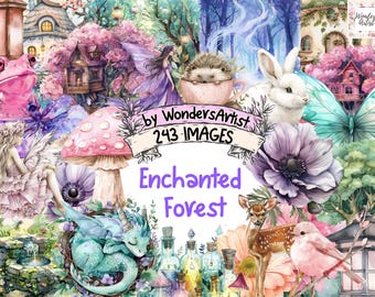 Enchanted Forest Watercolor Clipart Bundle: 243 Magical Woodland PNG Images (Digital Download)