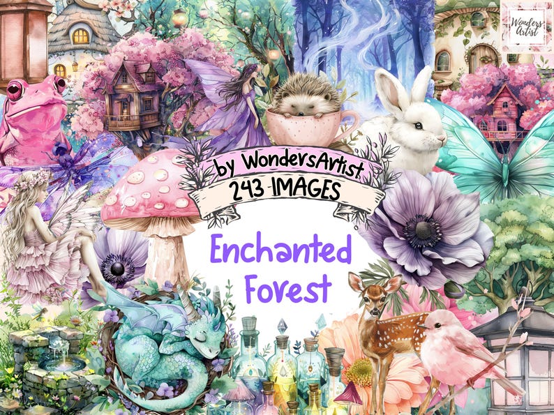 Enchanted Forest Watercolor Clipart Bundle: 243 Magical Woodland PNG ...