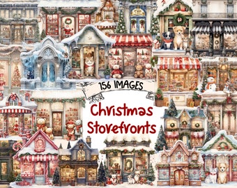 Christmas Storefronts Clipart Bundle: 156 Festive Watercolor PNG Images (Digital Download)