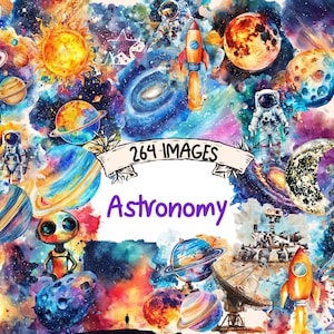 Astronomy Watercolor Clipart Bundle - 264 PNG Celestial Images, Starry Sky and Planet Graphics, Instant Digital Download, Commercial Use
