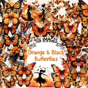 Orange & Black Butterflies Watercolor Clipart Bundle - 426 PNG Vibrant Colorful Butterfly Images, Instant Digital Download, Commercial Use