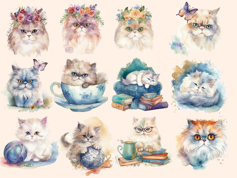 Watercolor Persian Cat Clipart – Cute Kitten Pastel Bundle (PNG ...