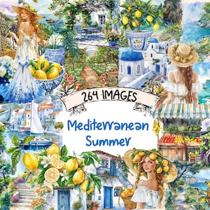 Mediterranean Summer Watercolor Clipart Bundle - 264 PNG Sunny Coastal Scenes, Vibrant Coast Images, Instant Digital Download Commercial Use