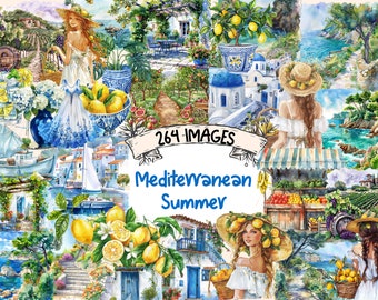 Mediterranean Summer Watercolor Clipart Bundle: 264 Coastal PNG Images (Digital Download)