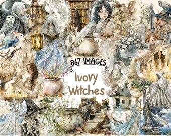 May include: A digital collage featuring illustrations of witches, owls, and mystical elements. The artwork is predominantly in ivory, blue, and brown tones, with the text "867 IMAGES Ivory Witches" overlaid on the image. The style is reminiscent of watercolor paintings.