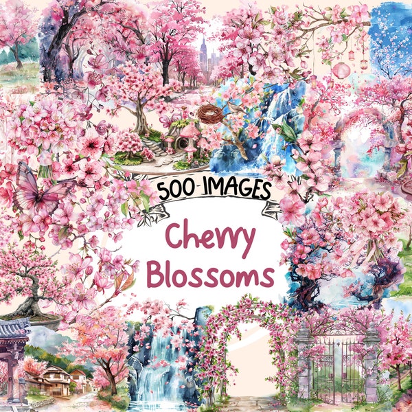 Kirschblüten Aquarell Clipart Bundle - 500 PNG Sakura Blumenbilder, japanische Blumengrafiken, sofortiger digitaler Download, kommerzielle Nutzung