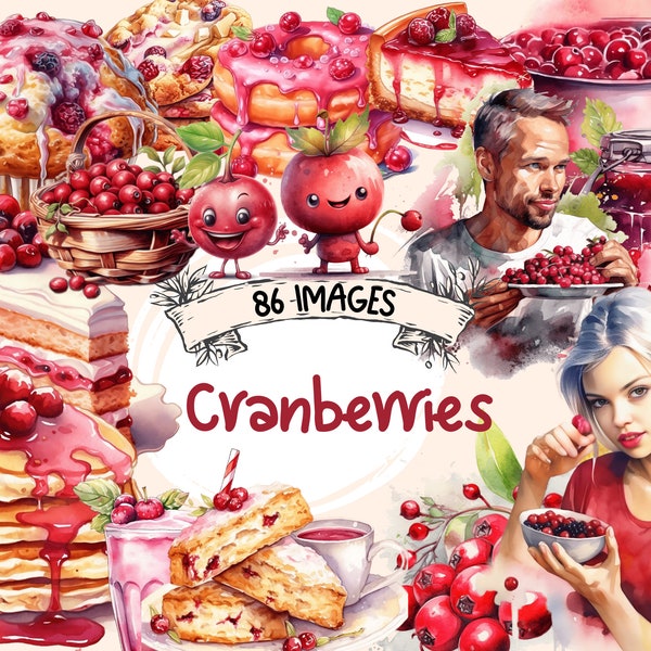 Cranberries Watercolor Clipart Bundle - 86 PNG Images of Refreshing Summer Berry Sweet Delights, PNG,Instant Digital Download,Commercial Use