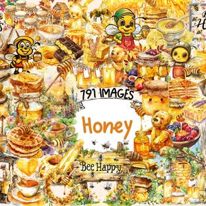 Honey Watercolor Clipart Bundle - 791 PNG Golden Honey Desserts Images, Sweet Bee Nectar Graphics, Instant Digital Download, Commercial Use