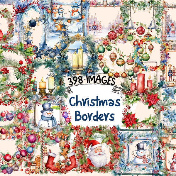 Christmas Borders Watercolor Clipart Bundle - 398 PNG Festive Border Images, Holiday Decor Graphics, Instant Digital Download,Commercial Use