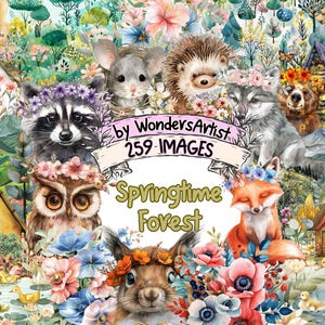 Springtime Forest Watercolor Clipart Bundle - 259 PNG Lush Woodland Scenes, Seasonal Nature Graphics,Instant Digital Download,Commercial Use