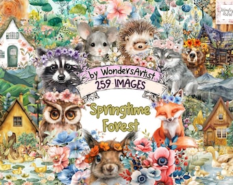 Könnte beinhalten: Aquarell-Illustration eines Frühlingswaldes mit Tieren, Blumen und Häusern. Die Illustration zeigt einen Waschbär, eine Eule, einen Fuchs, ein Eichhörnchen, einen Igel, eine Maus, einen Wolf und einen Bären. Der Text "Springtime Forest" ist in einem Banner am unteren Rand des Bildes geschrieben.