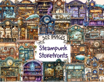 Steampunk Storefronts Watercolor Clipart Bundle: 502 Retro-Futuristic PNG Images (Digital Download)