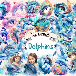 Dolphins Watercolor Clipart Bundle - 222 PNG Dolphin Images, Nautical Graphics, Oceanic Printables, Instant Digital Download, Commercial Use