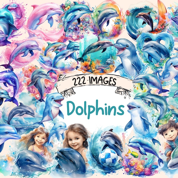 Dolphins Watercolor Clipart Bundle - 222 PNG Dolphin Images, Nautical Graphics, Oceanic Printables, Instant Digital Download, Commercial Use