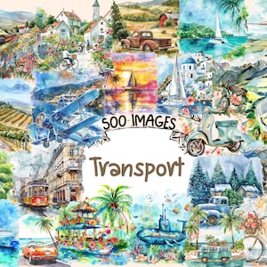 Transport aquarel clipartbundel - 500 png-afbeeldingen transportvoertuig, reizen transit graphics, instant digitale download, commercieel gebruik