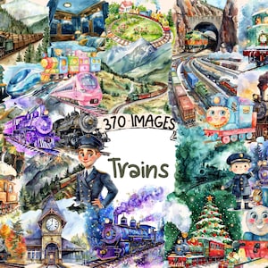 Trains Watercolor Clipart Bundle - 370 PNG Locomotive Train Station Images, Railway Vehicle Graphics,Instant Digital Download,Commercial Use