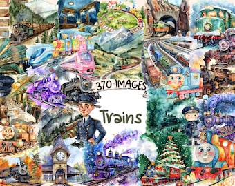 Watercolor Trains Clipart Bundle: 370 PNG Railway Graphics (Digital Download)