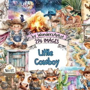 Little Cowboy Watercolor Clipart Bundle - 296 PNG Adorable Western Images, Cute Rodeo Graphics, Instant Digital Download, Commercial Use