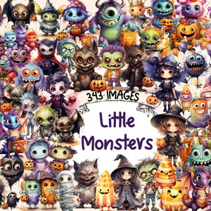 Little Monsters Watercolor Clipart Bundle - 343 PNG Spooky Images, Cute Halloween Monster Graphics, Instant Digital Download, Commercial Use