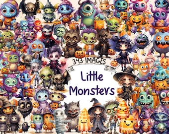 Little Monsters Watercolor Clipart Bundle - 343 PNG Spooky Images, Cute Halloween Monster Graphics, Instant Digital Download, Commercial Use