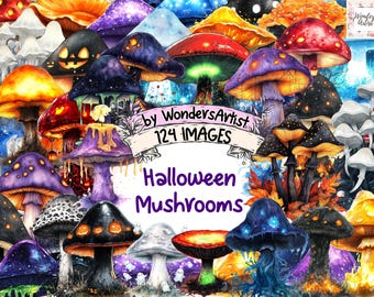 Halloween Mushroom Watercolor Clipart: Spooky Fungi Illustrations (124 PNG Images) (Commercial Use) (Instant Download)