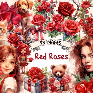 Red Roses Watercolor Clipart Bundle: 98 PNG Floral Graphics (Digital Download)
