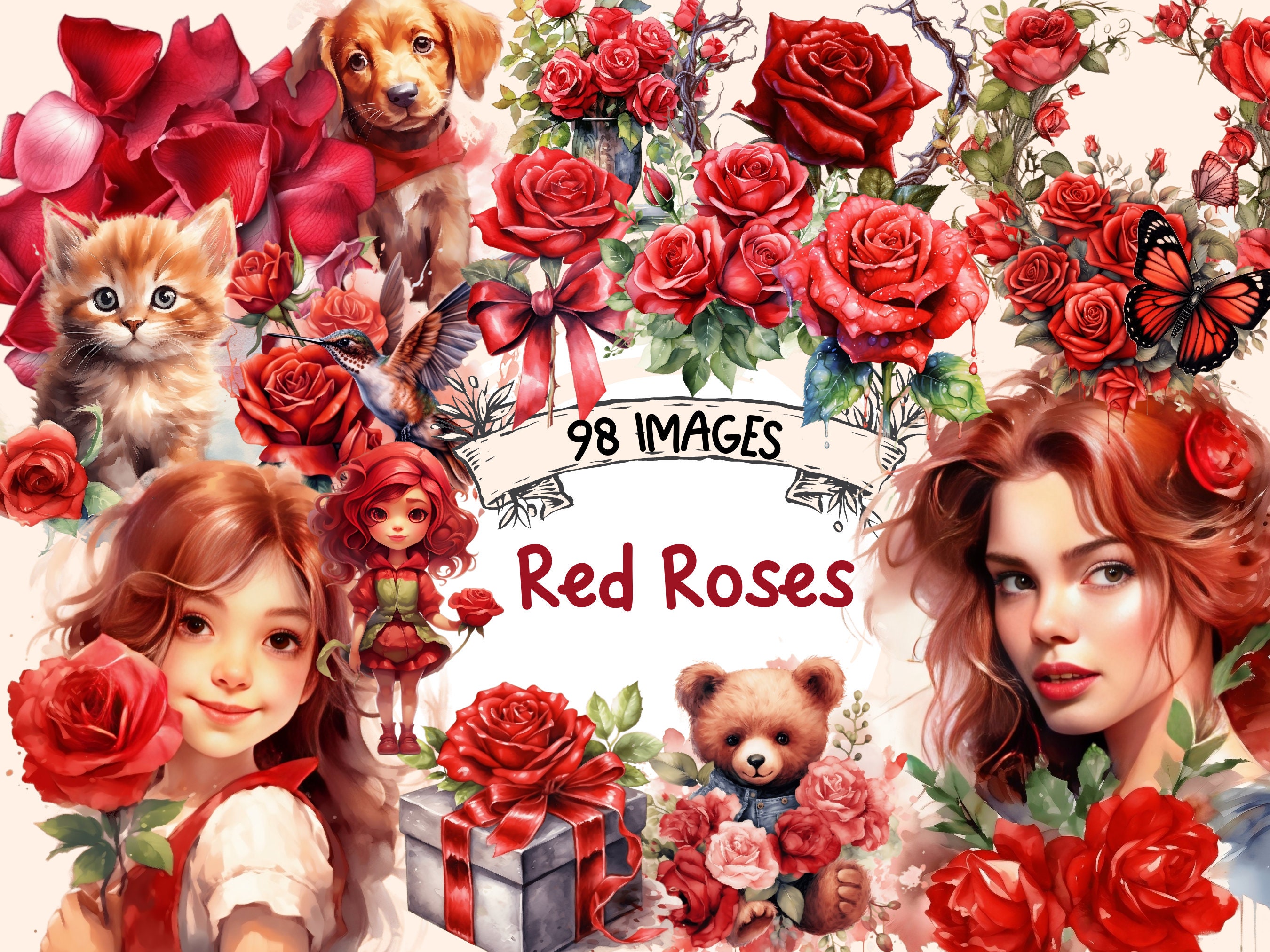 Red Roses Watercolor Clipart Bundle: 98 PNG Floral Graphics (digital ...
