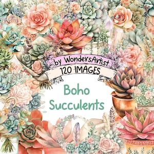 Boho Succulents Watercolor Clipart Bundle - 120 PNG Succulent Images, Botanical Illustrations, Bohemian Art, Instant Download,Commercial Use