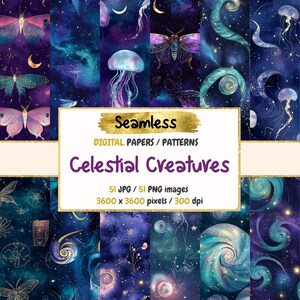 Celestial Creatures naadloze patroon digitale papers - mystieke texturen, kosmische afdrukbare papier achtergronden, Instant Download, commercieel gebruik